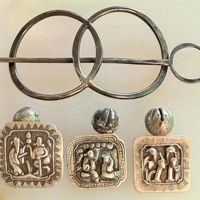 (3) Antique Silver Chinese Toggle Buttons & A Handmade Sterling Silver Antique Barette 