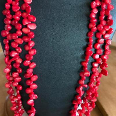 Authentic Coral Bead 34 Inch Triple Strand Necklace 