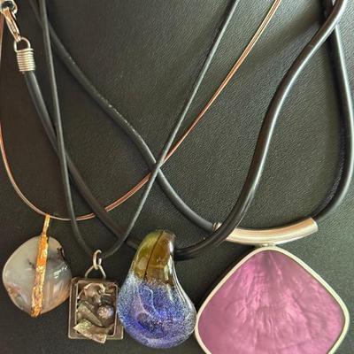 (4) Modernist Pendant Cord 16 Inch Necklaces Art Glass - Silver - Stone & Metal