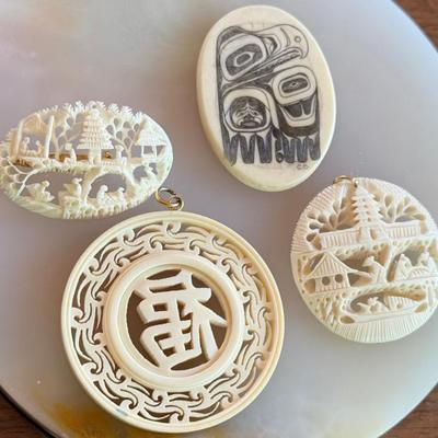 Vintage Carved Bone Boma Canadian Pacific Northwest - (3) Chinese Carved Bone Intricate Pendants 