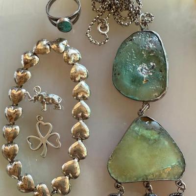 Kabana Sterling Silver Heart 7 Inch Bracelet - Israel Sea Glass Necklace - Navajo Turquoise Ring 5 - 2 Charms 
