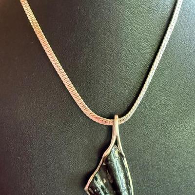 Vintage Sterling Silver & Dark Amber Glass Pendant 14 Inch Necklace - Total Weight 23.6 Grams 