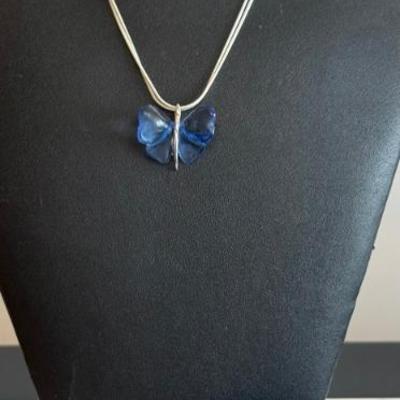 Lalique Glass Butterffly Pendant With A 16 Inch Double Sterling Silver Snake Chain In Original Box W Bag