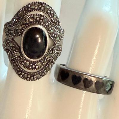 (2) Sterling Silver Rings (2) Onyx And Marcasite & (1) Inlaid Hearts - Both Size 7 Total 12 Grams 