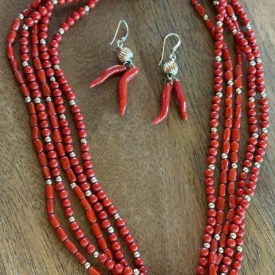 Zoe B 14k Yellow Gold & Red Coral 5 Strand 18 Inch Necklace And 14k Gold Earrings 