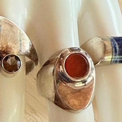(3) Sterling Silver Rings - Finland W Smoky Quartz Stone - Blue Lapis & Isreael Orange Cabochon - 27.4 Grams 