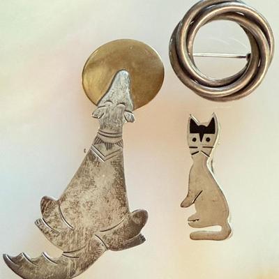 (3) Sterling Silver Pins - Vintage Mexico Cat - Coyote & Round Strands - Total Weight 29.1 Grams 
