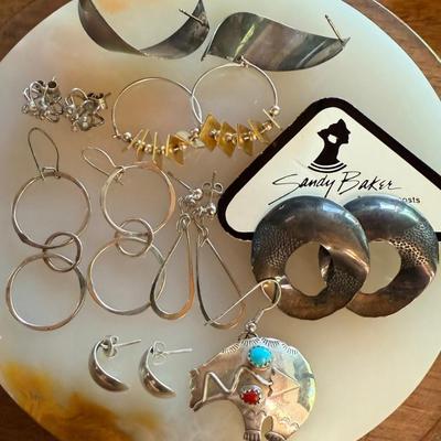 Assorted Sterling Silver & Silver Tone Earrings - Sandy Baker - Navajo Bear (single) Mexico Hoops 