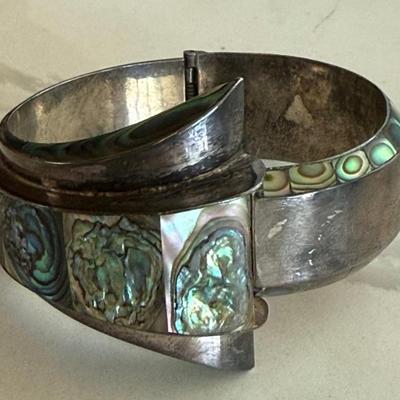 Taxco Mexico Sterling Silver Villasana Abalone Hinged Bangle Bracelet  (as Is) - Total Weight 59.06 Grams 