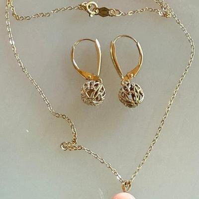 14K Delicate Gold & Angel Skin Coral Ball Pendant 16 Inch Necklace & D14K Yellow Gold Earrings - 3.1 Grams 