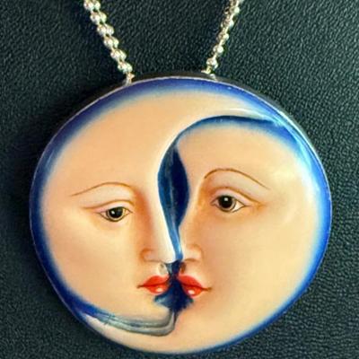 Sergio Bustamonte Sterling Silver Double Moon Pendant Pin W 18 Inch Itlay Sterling Silver Chain Original Bag