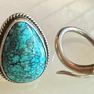 (2) Sterling Silver Rings Size 6 (1) Old Pawn Turquoise Cabochon (as Is) - 8.8 Grams 