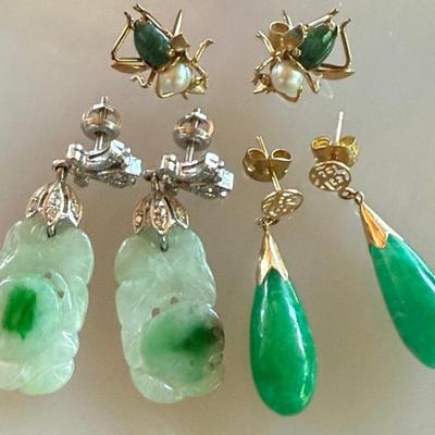 (2) Pairs Of 14K Yellow Gold & Jade Earrings & (1) Pair Of 14K White Gold - Diamond & Jade Earrings - 14.2 Grm