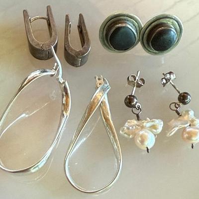 (4) Pairs Of Sterling Silver Earrings - Hoops - A.J. Stone - Fresh Water Pearls - Total Weight 25.3  Grams 