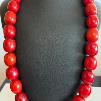 Vintage Cherry Amber Bakelite Large Bead 30 Inch Necklace 