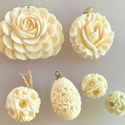 Vintage Hand Carved Rose & Egg Shape Pendant Faux Ivory & Bone 