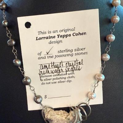 Original Lorraine Yapps Cohen Sterling Silver Amethyst Crystal & Fresh Water Pearl 16 Inch Necklace