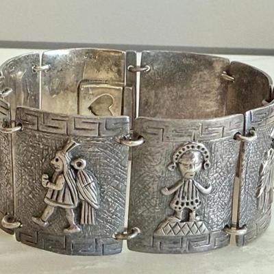 Vintage Sterling Silver Aztec Mayan 7.5 Inch Panel Bracelet - Total Weight -67 Grams 