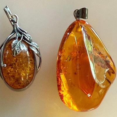 (2) Vintage Amber & Sterling Silver Pendants 