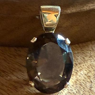 14k Yellow Gold & 1 Inch Faceted Smoky Quartz Stone Pendant -  11.3 Grams