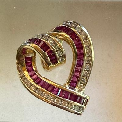 Lovely 14K Yellow Gold - 38 Ruby & 31 Diamond Heart Slide Pendant Signed CK - Total Weight 10.32 Grams 