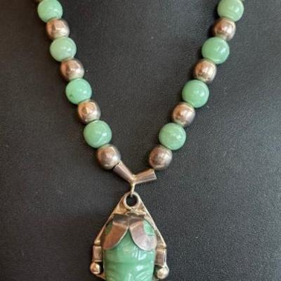Vintage Taxco Mexico Sterling Silver & Jadeite Mayan Carved 28 Inch Necklace W 4 Inch Drop Pendant - 144 Grams
