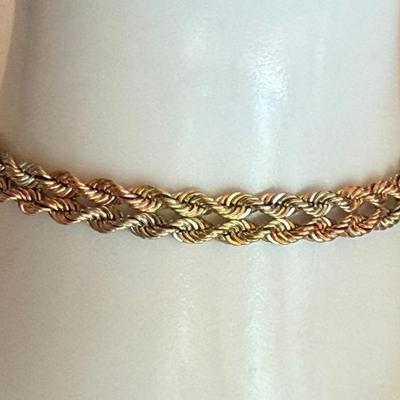 14K Tri Color Gold Double Chain Twist 8 Inch Bracelet - Total Weight 14.37 Grams 