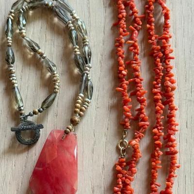 Sterling Silver - Glass Bead And Stone Pendant 18 Inch Necklace & Coral Bead 30 Inch Necklace