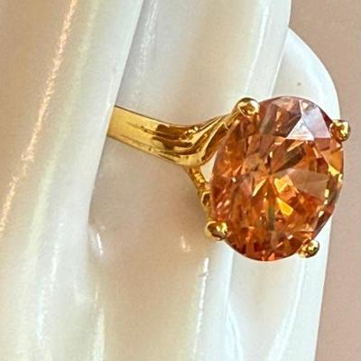 Gold Wash Sterling Silver & Orange Faceted Stone Ring - Size 7 - Total Weight 7.6 Grams 