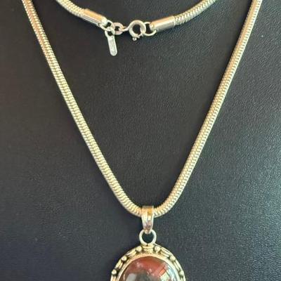 Sterling Silver 30 Inch India Snake Chain With Bloodstone Cabochon  - 