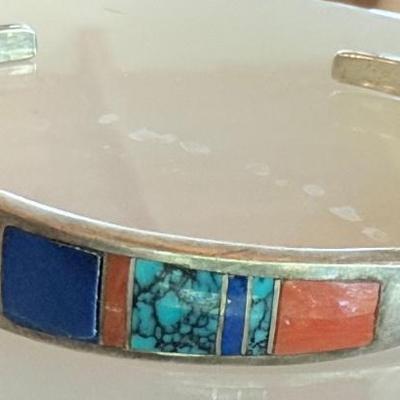 Ray Tracey Knifewing Navajo Inlay Cuff Bracelet - Coral Turquoise Lapis - Total Weight 13 Grams 