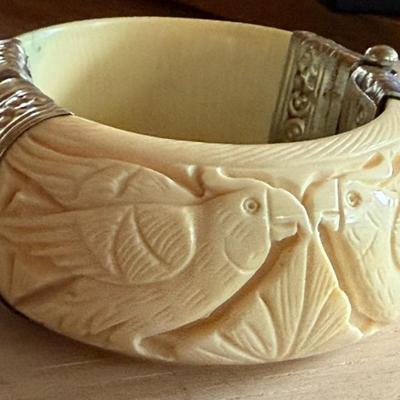 Antique Hand Carved Bird Bone Hinged Bangle Bracelet 