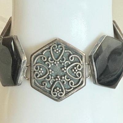 Vintage Sterling Silver And Brown Glass 8 Inch Panel Bracelet - Total Weight 36.84 Grams 
