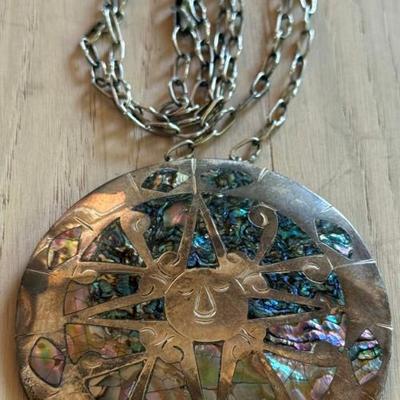Vintage Mexico Sterling Silver Sunface & Abalone Pendant Pin W Sterling Silver 26 Inch Handmade Chain 31.5 Grm
