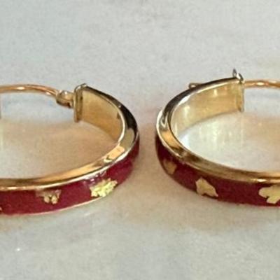 14K Yellow Gold & Red Enamel Hoop Earrings - Total Weight 2.2 Grams 