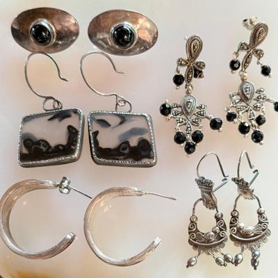 Sterling Silver Earrings - Mexico Hoops - Picture Jasper - Figa Hand - Black Bead & Marcasite - 26.1 Grams 