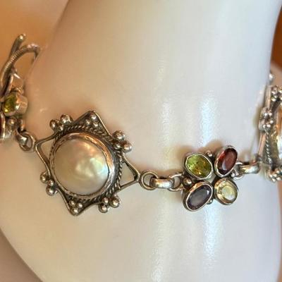Sterling Silver Blister Pearl - Peridot - Garnet- Amethyst & Citrine 7 Inch Bracelet - 23.2 Grams 