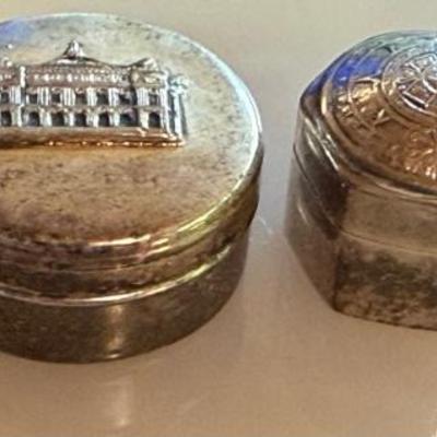 (2) Sterling Silver & Silver Plate Trinket Boxes And (2) Antique Silver Thimbles 