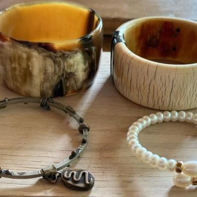 4 Vintage Bracelets Hinged Bone - Carved Horn Bangle - Pearl - 1961 Brass - Metal Brutalist