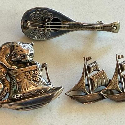 (3) Vintage Sterling Silver Pins - Beau  Mandolin - Cat & Ships - Total Weight 13.7 Grams 