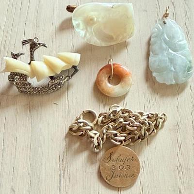 Vintage Pins And Pendants Carved Jade - Teeth Boat - 12k Gf Bracelet - Shell Stick Pin