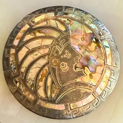 Vintage Stering Silver Mexico Abalone Mayan Pin Pedant - Total Weight 18.3 Grams 