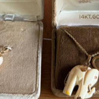 14K Gold Bone Elephant Necklace - Kahala Gold & Carved Angel Coral Flower Pendant - Vonelle - Sterling Mask 