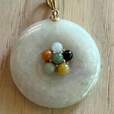14K Yellow Gold & Assorted Color Bead Jade Round Pendant 