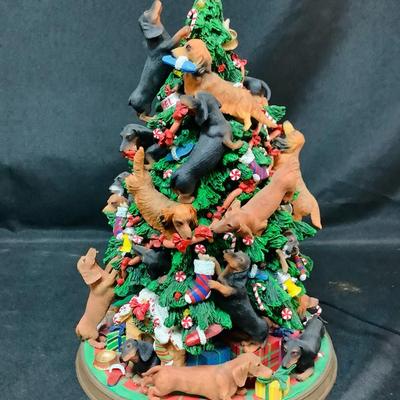 Daschund Tabletop Carved Display Christmas Tree with lights