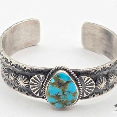 #445 • Handmade Native American Sterling Silver Turquoise Center Cuff, 47g
