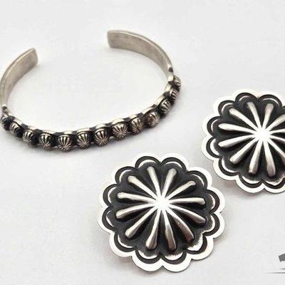 #570 • Handmade Native American Sterling Silver Earrings & Cuff, 33g
