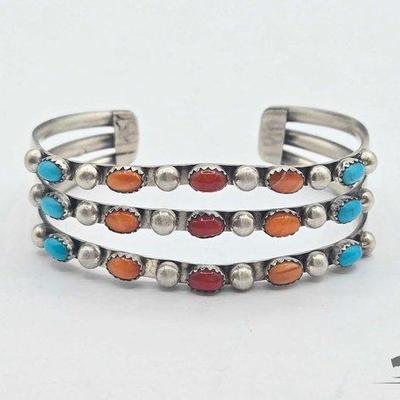 #298 • Handmade Native American Sterling Silver Multi Stone Cuff, 33.06g
