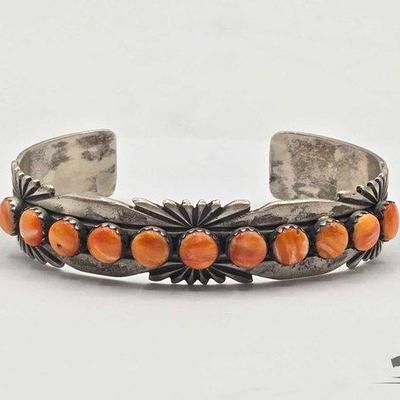 #392 • Handmade Native American Sterling Silver Orange Spiny Oyster Cuff, 24.25g
