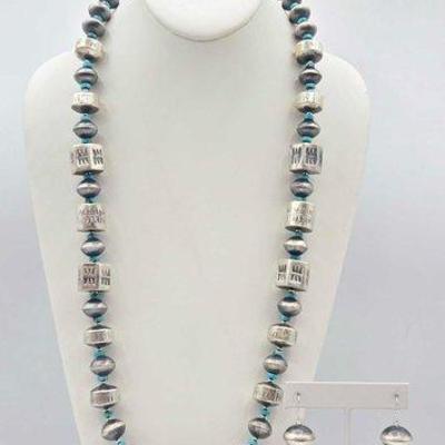 #325 • Handmade Native American Sterling Silver Navajo Pearl Necklace and Earring Set, 106g
